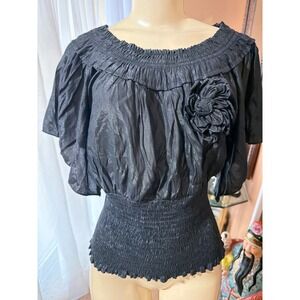 JAJA & CO Black Metallic Shimmer Smocked Waist Floral Rosette Blouse Top